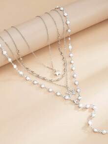 Fashionable Pearl-Like Fringed Collar Chain. Creative Hollowed-Out Five-Point Star Y-Shaped Layered Collar Chain. - Necklace Set - View 6