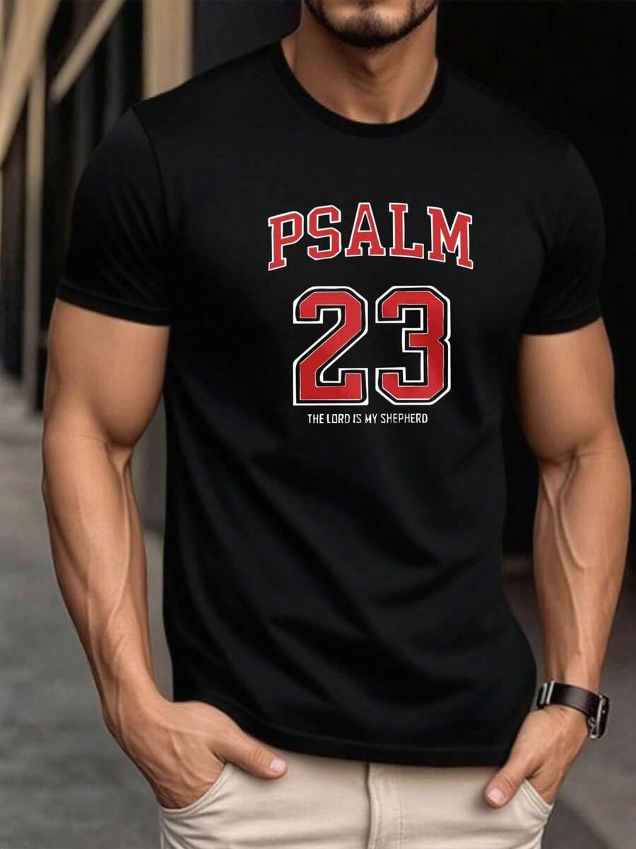 Men's Casual Black Cotton Round Neck Short Sleeve T-Shirt With 'Psalm 23' Religious Print, Regular Fit Top For Daily Wear - 黑色1 - 查看 1