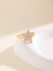 1pc Adjustable Copper Star Ring, CZ Paved Sparkly Star Design, Women's Open Ring, Birthday Valentine's Daily Wear Gift Jewelry - Multicolor - View 2