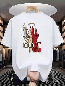 Men's Reversible T-Shirt With Angel And Demon Design - Short Sleeve, Crew Neck, With An Angel/Demon Pattern On The Back, Featuring A Good And Evil Theme, Suitable For - 白色 - 查看 1