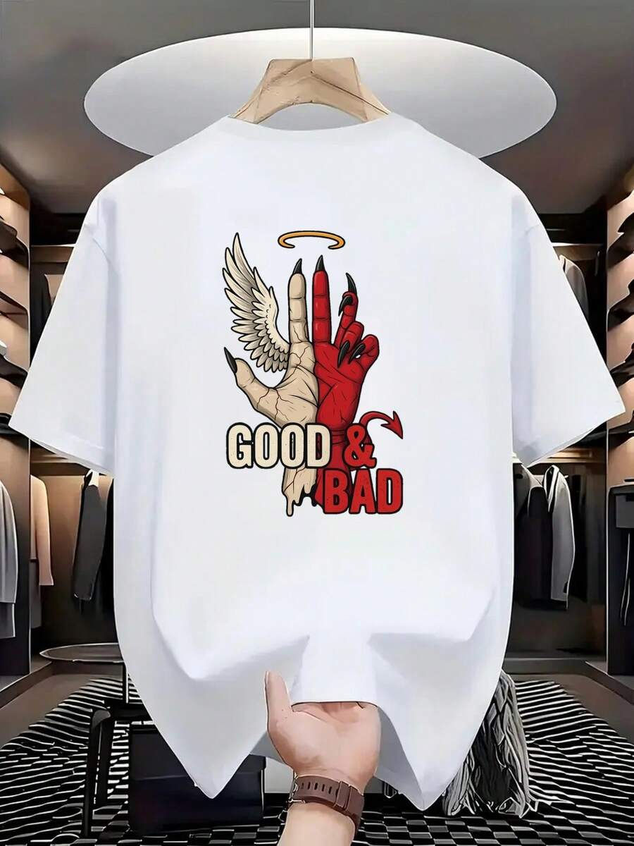 Men's Reversible T-Shirt With Angel And Demon Design - Short Sleeve, Crew Neck, With An Angel/Demon Pattern On The Back, Featuring A Good And Evil Theme, Suitable For - 白色 - 查看 1
