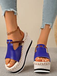 Sandales compensées pour femmes, style bohème classique, mode décontractée élégante et confortable, polyvalentes pour la plage et les complexes hôteliers, à semelle épaisse tressée en corde de chanvre - Bleu azur - Voir 4