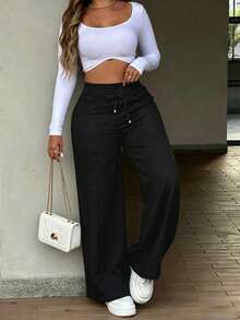 Women's Solid-Color Casual Long Pants For Fall: High-Waisted With Zipper And Button Pockets - Black - View 3