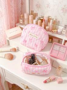 Pink Bow Cosmetics Bag Large Capacity Makeup Bag Portable Coin Wallet Zipper Coin Purse Small Items Storage Pouch Strip Pattern Lipstick Earbuds Bag - Multicolor - View 6