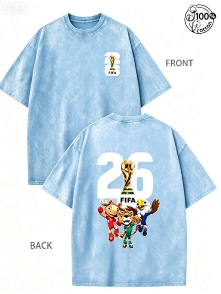FIFA-2026 World Cup, World Cup T-Shirt, Soccer T-Shirt, Football Tee, 230G Washed High-Quality Cotton Printed Men's T-Shirt; 100% Cotton - 天藍色 - 查看 1