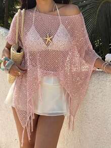 Suéter de punto rosa para mujer, primavera/verano, para vacaciones en la playa e isla, cuello amplio, multiusos, calado, con borlas, bajo asimétrico, holgado, para banquete, calle, versátil, casual, con protección solar, tipo cover-up - Rosa - Ver 3