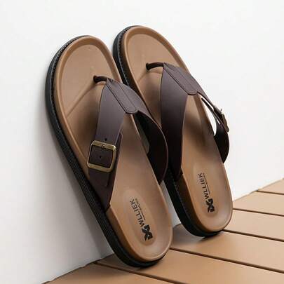 Mens Adjustable Buckle Flip Flops Thick Sole Summer Beach Sandals Indoor Outdoor Casual Comfortable Thong Slippers