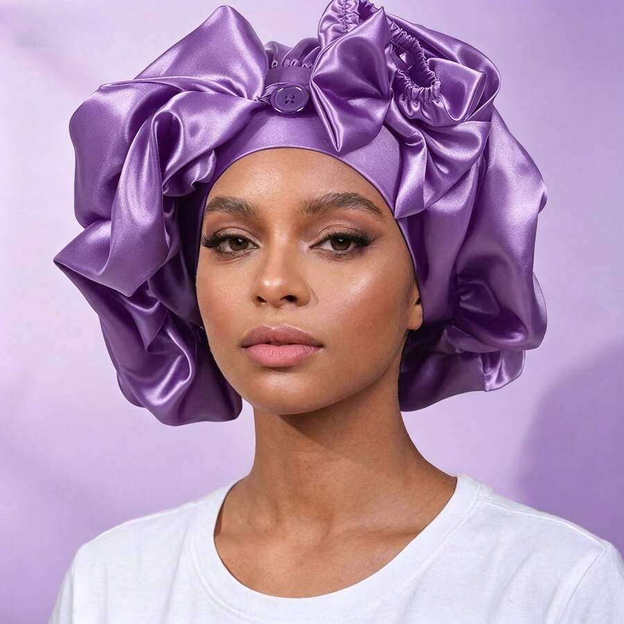 En's Satin Bow Long Braid Sleep Cap, Adjustable Snap Button Sleep Hat, Suitable For Curly Hair, Silky Anti-Static Night Headscarf, Sleep Hair Care Cap - 黑色 - 查看 1