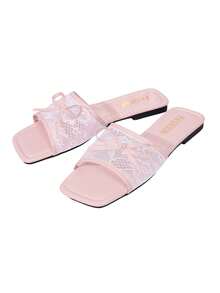 planare Nuevas sandalias planas de mujer de moda para verano, elegantes, con contraste de encaje y malla, decoración de lazo, sin cordones, punta cuadrada y abierta, color rosa claro, sandal - Rosa Pálido - Ver 9