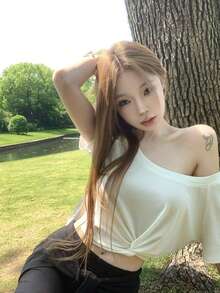 白色露肩扭结设计短款短袖T恤，性感露脐，夏季 - 白色 - 查看 5