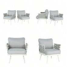 A White Set With A Floral Print And Gray, Including Two Steel Chairs. - Blanco Roto + Gris + Metal + Cuerda + Tejido Impermeable + Espuma1 - View 1