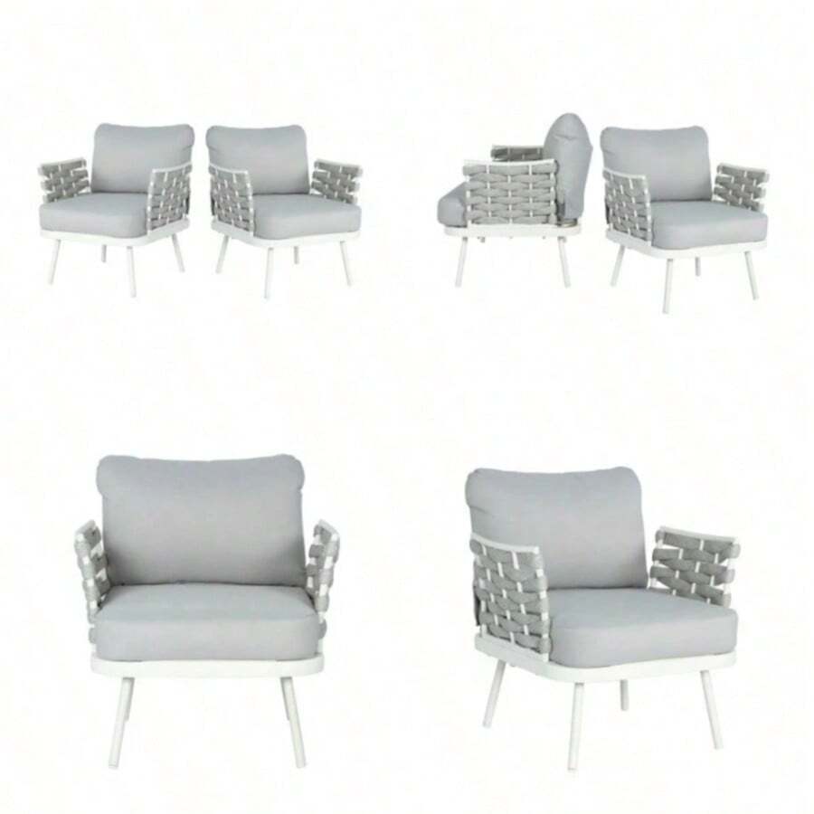 A White Set With A Floral Print And Gray, Including Two Steel Chairs. - Blanco Roto + Gris + Metal + Cuerda + Tejido Impermeable + Espuma1 - View 1