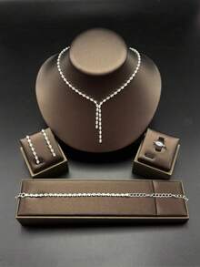 New 5pcs Silver Jewelry Set With Rhinestone Necklace & Earrings, Bracelet And Ring, Exquisite & Eye-Catching, Light Luxury Elegant, High Glossy, Suitable For Women's Wedding, Birthday, Party, Anniversary And Other Occasions - Silver - View 7