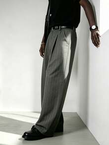 Officeau Men's Casual Business Style Wide Leg Loose Fit Dress Pants, Fashionable Versatile Striped Straight Leg Trousers - Grey - View 5