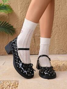 1 Pair New Polka Dot Bow Ballet Shoes, Essential For Daily Outings And Dates, Adding Radiance To Every Step - Black - View 8