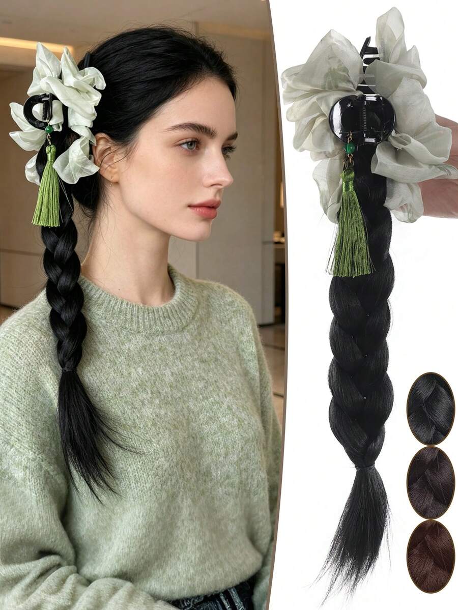 Ekstensi Rambut Ekor Kuda Kepang Jepit Vintage 16 Inci untuk Wanita, Gaya Ekor Kuda Rumbai Gaya Ink Wash, Rambut Kepang Tenun Tangan