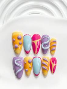 10Pcs Fresh Style Handmade Press On Nail,Polygel Nail Set,Linear Designs,Yellow,Blue,Purple And Rose Pink Nail Polish,Vibrant Style,Includes Nail Tools,3 Sizes Available,Square,Short Square,Almond,Nails For Party,Dance,Daily Wear. - 彩色 - 查看 19