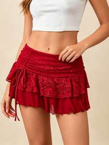 Womens Mini Skirt Lace Floral Tiered Ruffle Low Waist Side Drawstring Going Out Cake Skirts - 紅色 - 查看 4