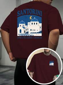 Camiseta estampada con temática del paisaje griego de Santorini, diseño de doble cara en la parte delantera y trasera, camiseta de manga corta para hombre, adecuada para el uso diario casual - Negro - Ver 7