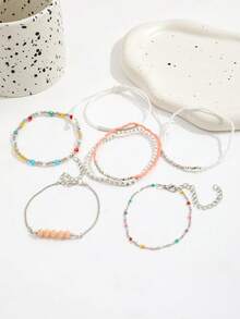 7PCS CCB Rice Bead Bracelet, Simple Fashion Personalized Beach Style Colorful Drip Oil Chain CCB Jewelry For Women (Mixed Rice Beads, Non-Positioned) - Silver - View 4