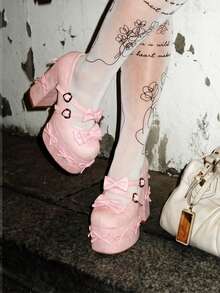 2025 Y2K Mary Jane Heels For Women Platform Chunky Bow Heels Round Toe Ankle Strap Shoes Lolita High Heeled Sandals Princess Shoes - 粉色 - 查看 2