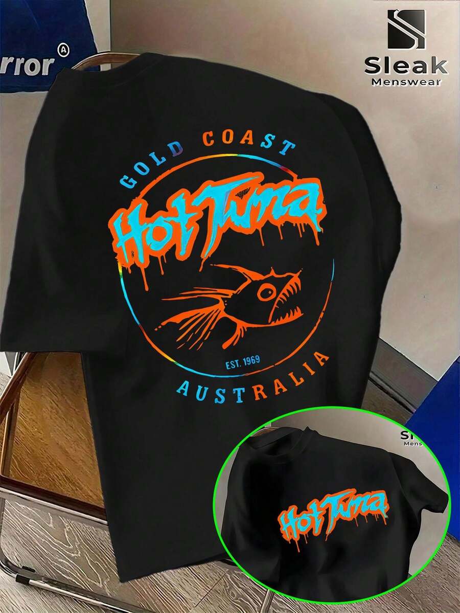 Camiseta de manga corta para hombre, con estampados estilo graffiti neón, diseñpor Hot Tuna, inspirada en el atún de la Dorada. perfecta para un look casual, transpirable, cómod - Negro - Ver 1