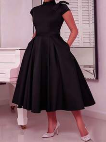 NOU Elegant Lady Style Bow Tie Small Stand Collar Cap Sleeve Short Sleeve A-Line Waist-Defining Mid-Length Dress For Women, Flattering Proportion, - Black - View 1