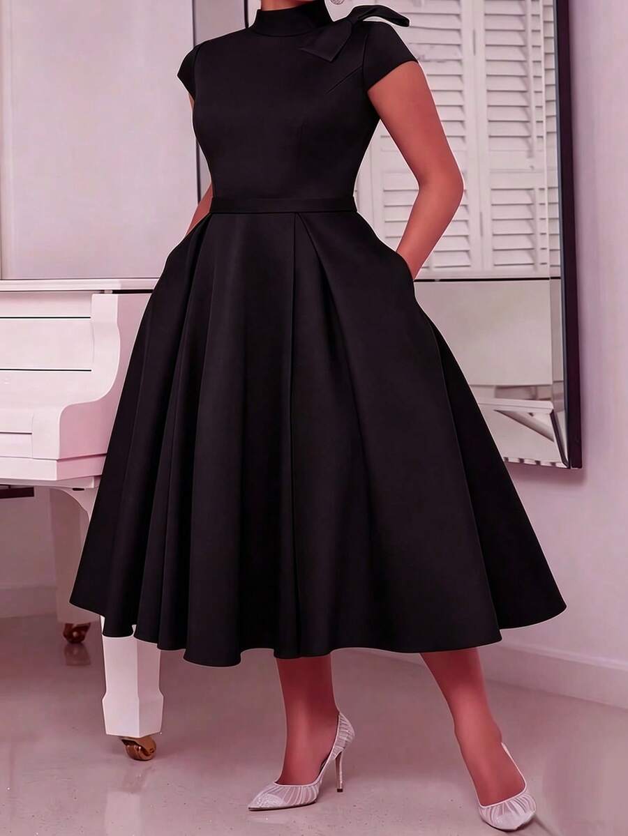 NOU Elegant Lady Style Bow Tie Small Stand Collar Cap Sleeve Short Sleeve A-Line Waist-Defining Mid-Length Dress For Women, Flattering Proportion, - Black - View 1