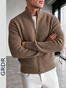 GRDR 男士圆领长袖立领双排扣开衫毛衣，日常百搭 - 駝色 - 查看 4