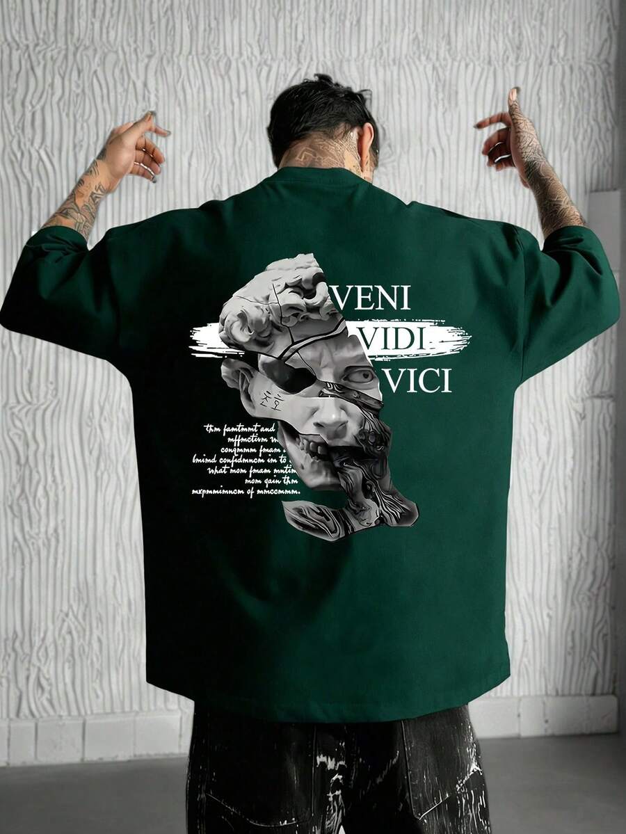 Short-Sleeved T-Shirt With Round Neck And Abstract Portrait Print Of Men, For Summer - Green - View 1