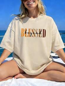 Camiseta de manga corta con cuello redondo estampada para mujer, ideal para el verano, vacaciones o para ir al trabajo. - Albaricoque - Ver 1