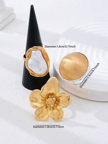 3PCS Gold-Plated Thick Women's Ring Set - Flower, Brushed Dome, And Baroque Style Pearl Stackable Ring, Suitable For Daily And Occasion Wear - Flower, Brushed Dome and Baroque Pearl Ring Set - View 3