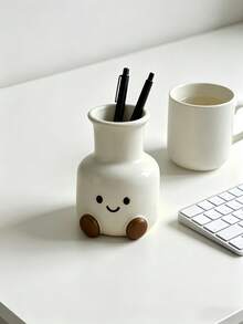 1pc Kawaii Smiling Face Makeup Brush Holder, Cute Cartoon Desk Organizer For Vanity, Office & Home, Multi-Purpose Storage Cup For Brushes, Pens & Stationery - Multicolor - View 5