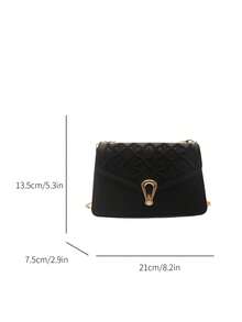 Tas Bahu Rantai Motif Kotak-kotak Berwarna Solid, Tas Pesta Malam Serbaguna dengan Penutup, Tas Tangan & Dompet Ringan Terbaru, Tas Selempang untuk Perjalanan Sehari-hari - Hitam - View 8