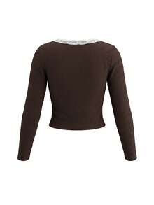 Women's Fashion Deep V-Neck Knit Long Sleeve Top With Contrast Lace Trim And Beaded - Coffee Brown - View 8