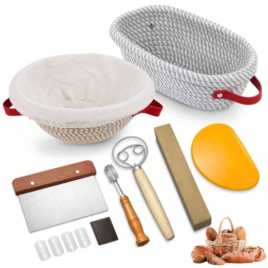 Sourdough Bread Baking Tool Set, Bread Making Kit - Fermentation Basket With Liner, Dough Mixer, Bread Lame With Replaceable Blades, Dough Scraper, Perfect For Baking Beginners And Professionals, Homemade Bread Baking Supplies, Sourdough Starter Kit