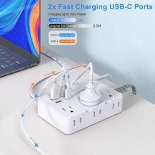 Pelindung Lonjakan Arus USB C, Stopkontak Ekstensi Dinding 6-Outlet dengan 4 Port Pengisian USB, Desain Steker Pipih Dua Sisi, Kabel Ekstensi Kepang, Cocok untuk Meja Kerja di Rumah atau Kantor - Putih - View 6