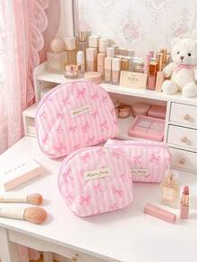 Pink Bow Cosmetics Bag Large Capacity Makeup Bag Portable Coin Wallet Zipper Coin Purse Small Items Storage Pouch Strip Pattern Lipstick Earbuds Bag - Multicolor - View 16