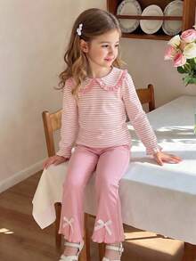 Young Girls Back To School Outfit Set: Striped Ruffle Peter Pan Collar Long Sleeve Top + Bow Decor Solid Color Split Flare Pants - Pink - View 3