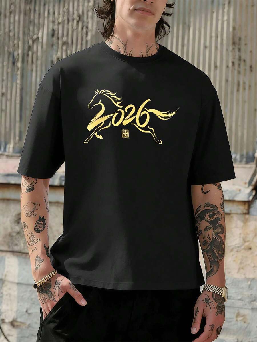 M en's Black T-S HIR T with Horse Print 2026. Quality fabric, comfortable fit, breathable, casual, graphic design. - Preto - Ver 1