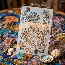 水母海洋模板，A4可重複使用海洋生物繪畫模板，海洋動物繪圖模板，適用於DIY手工藝、牆面藝術裝飾、剪貼簿、布料畫布繪畫、卡片製作、家居裝飾，水下世界水母海洋模板 - 套裝 - 查看 2