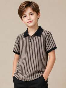 Tween Boy Casual Stylish Textured Colorblock Striped Short Sleeve Polo Shirt, Suitable For Spring/Summer, Back To School, Daily Wear, Vacation - Light Grey - View 3