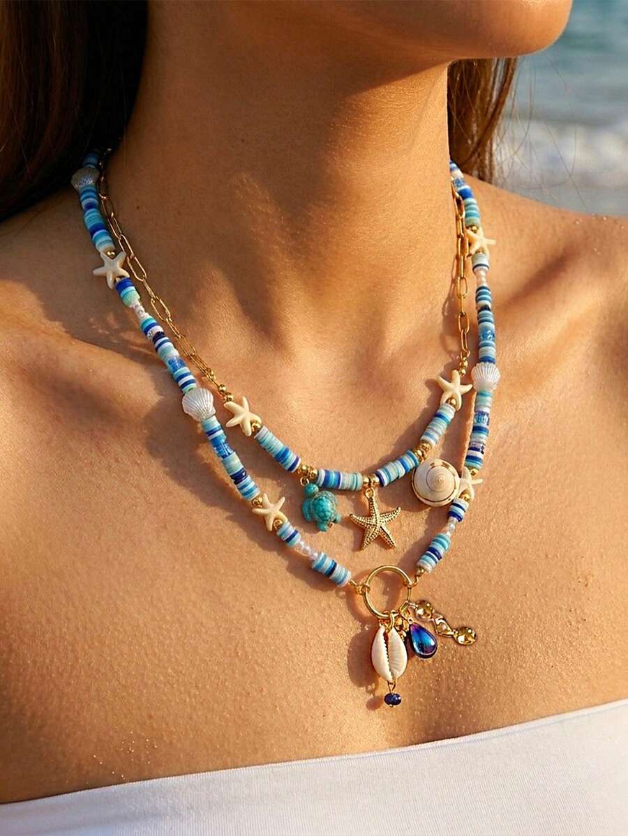 2pcs Classic Starfish Turtle Shell Bohemian Style Metal Material Multicolor Women's Necklace, Suitable For Daily Wear, Beach Vacation - Multicolor - View 1
