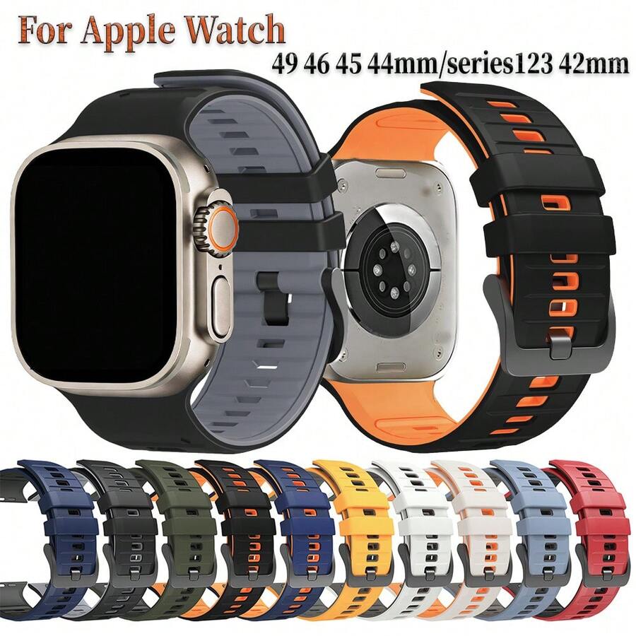 雙色軟矽膠運動手錶錶帶,相容於 Series 11 10 9 8 7 6 5 4 3 2 1 Ultra 1/2 SE 42/44/45/46/49mm,可調節替換錶帶 - 彩色 - 查看 1