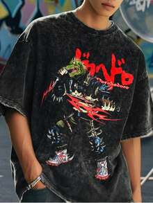 Camiseta de Verano para Hombre, Estilo Urbano, Lavada, Oversize, con Estampado Gráfico de Anime, Unisex, Harajuku, de Algodón, Manga Corta, Color Negro OD6V - Negro - Ver 2