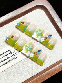 Press-On Fake Nails, Handmade Wearable Nails, Short Duck Shape, Nude With Green And White French Tips, Gradient Tie Dye Design, Hand-Painted Blue Stripes, Handmade 3D Green Floral Carving, Transparent Drag Design, White Pearls, 3D White Flowers And Gold Starfish Decoration, Rhombus Rhinestone Glitter, Fresh And Sweet Style, Exquisite And Elegant, Reusable - Lime Green - View 5