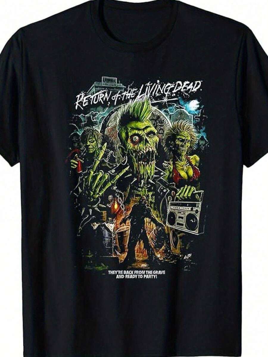 Camiseta Gráfica "RETURN OF THE LIVING DEAD" - Camiseta Negra de Talla Grande para Hombre con Diseño de Zombi, , Boombox y Escena de Cementerio - Camiseta de Algodón de Estilo Gótico E - Negro - Ver 1