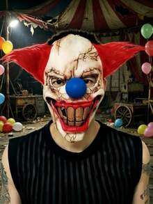 1pc Halloween Scary Clown Mask Latex Head Cover Red Hair Split Mouth Clown Cosplay Haunted House Escape Room Prop - View 1