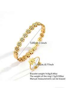 VceTd 1 Set Naturalistic Style Stainless Steel Jewelry Set For Women With Glass Decor Flower Elements, Includes Bracelet And Ring, Suitable For Fashionable Outfits Or Commuting, Perfect Holiday Gift For Female Friends - Yellow Gold - View 2