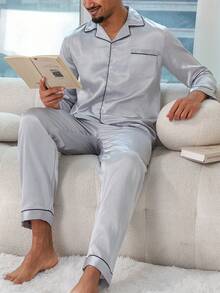 男士奢華緞面對比滾邊長袖睡衣套裝,鈕扣前襟居家休閒套裝 - 灰色 - 查看 4